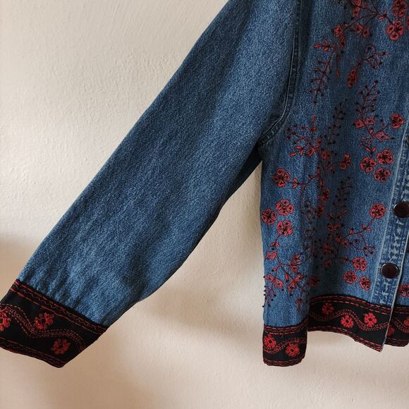 Life Style Denim Embroidered Red Black Floral Button Front Jacket Size S Japan - Picture 5 of 10